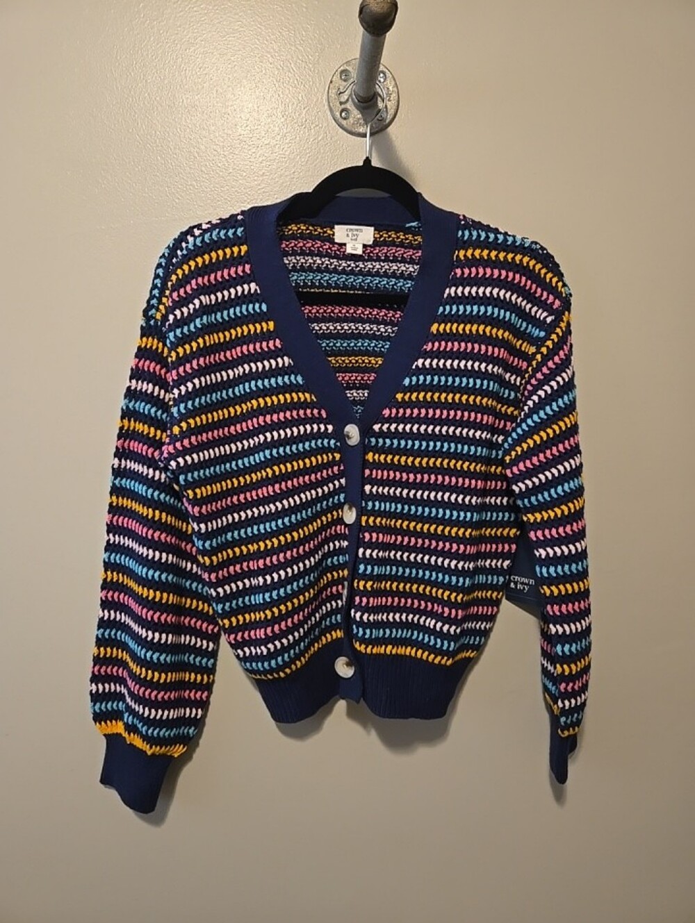 Crown & Ivy Kids Cardigan Sweater Sz. XL Navy Blue Multi Striped Buttons NWT!